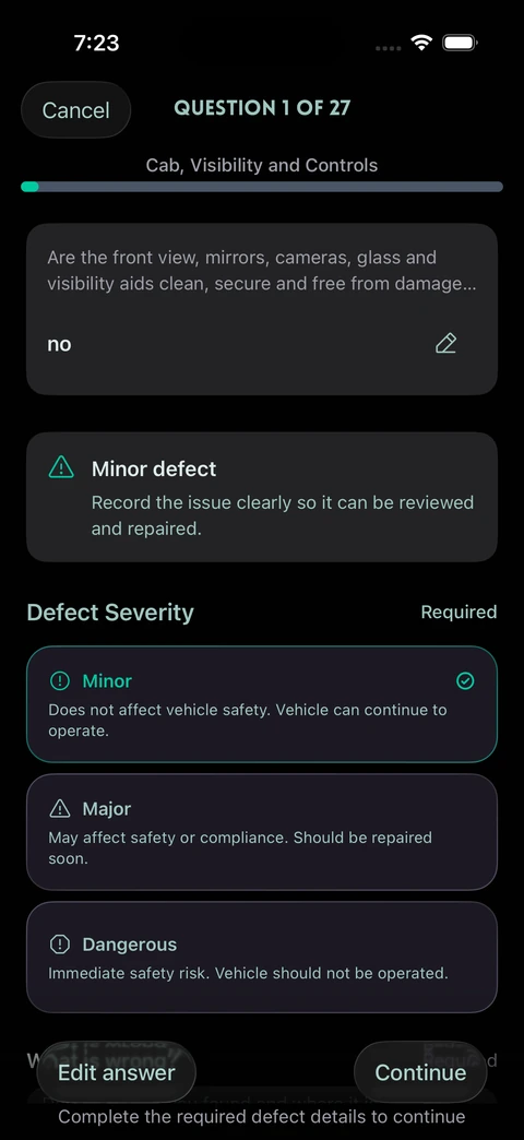 AutoMauve mobile question flow for driver checks