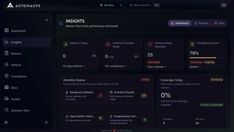AutoMauve insights dashboard with fleet compliance records