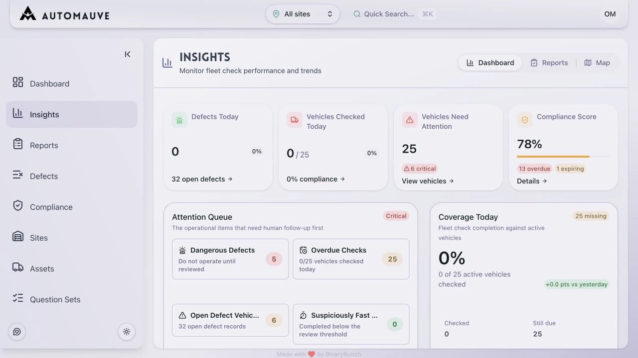 AutoMauve insights dashboard with fleet compliance records