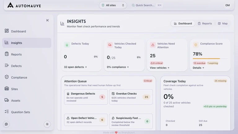 AutoMauve insights dashboard with fleet compliance records