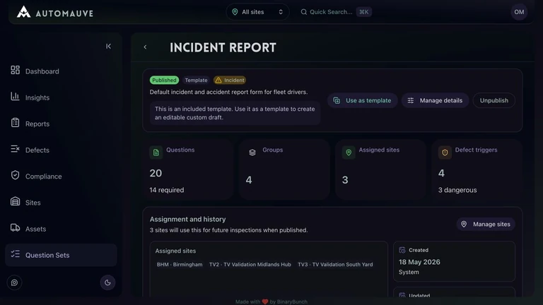 AutoMauve dashboard for configuring fleet inspection questions