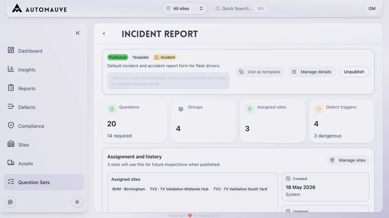 AutoMauve dashboard for configuring fleet inspection questions